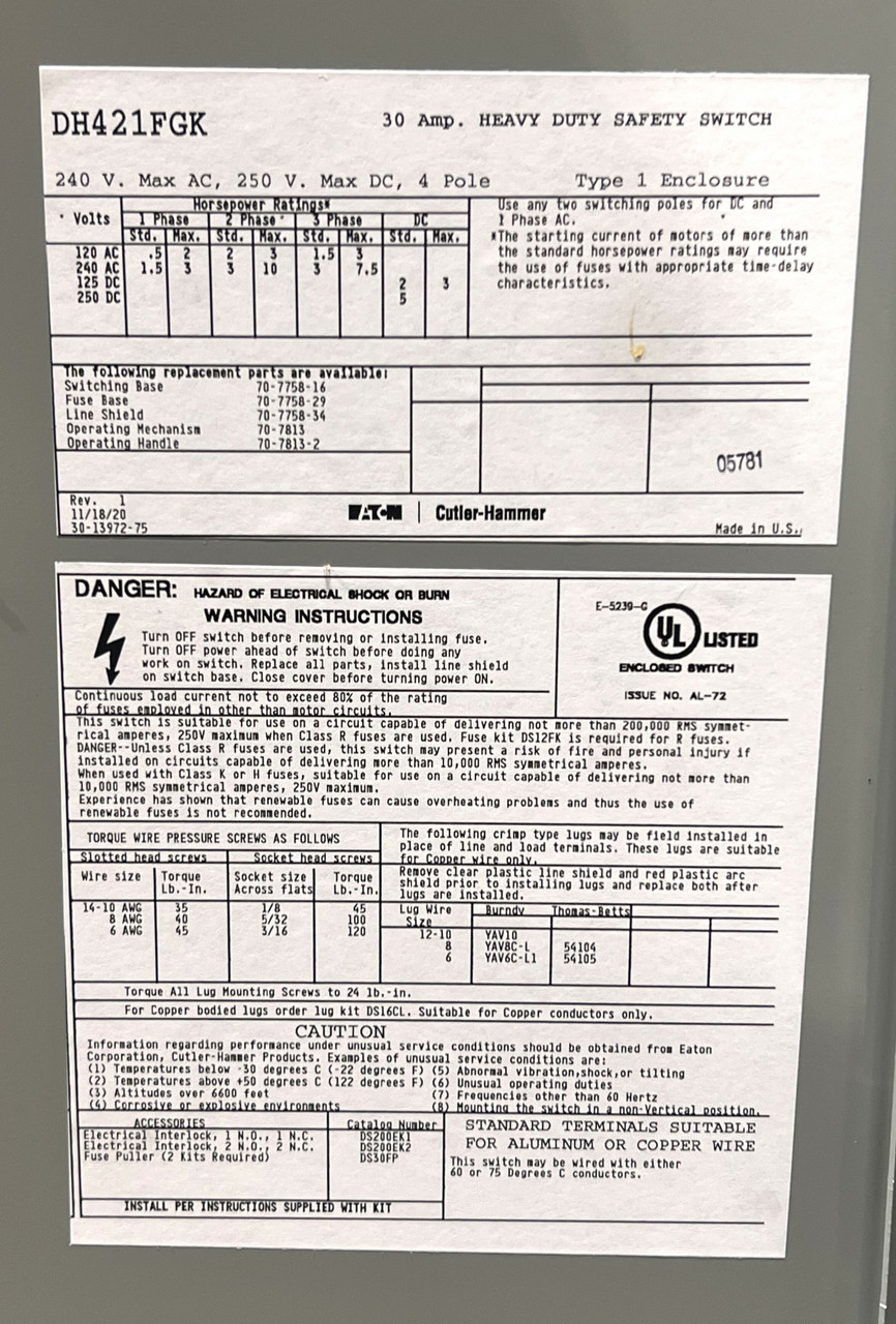 Eaton DH421FGK Fusible Disconnect 30A 240V 4P 4W NEMA 1 Class H Fuse Heavy Duty
