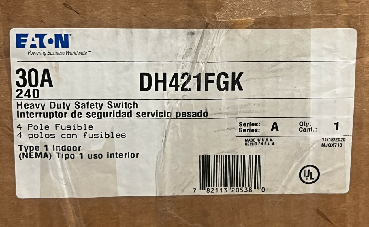 Eaton DH421FGK Fusible Disconnect 30A 240V 4P 4W NEMA 1 Class H Fuse Heavy Duty