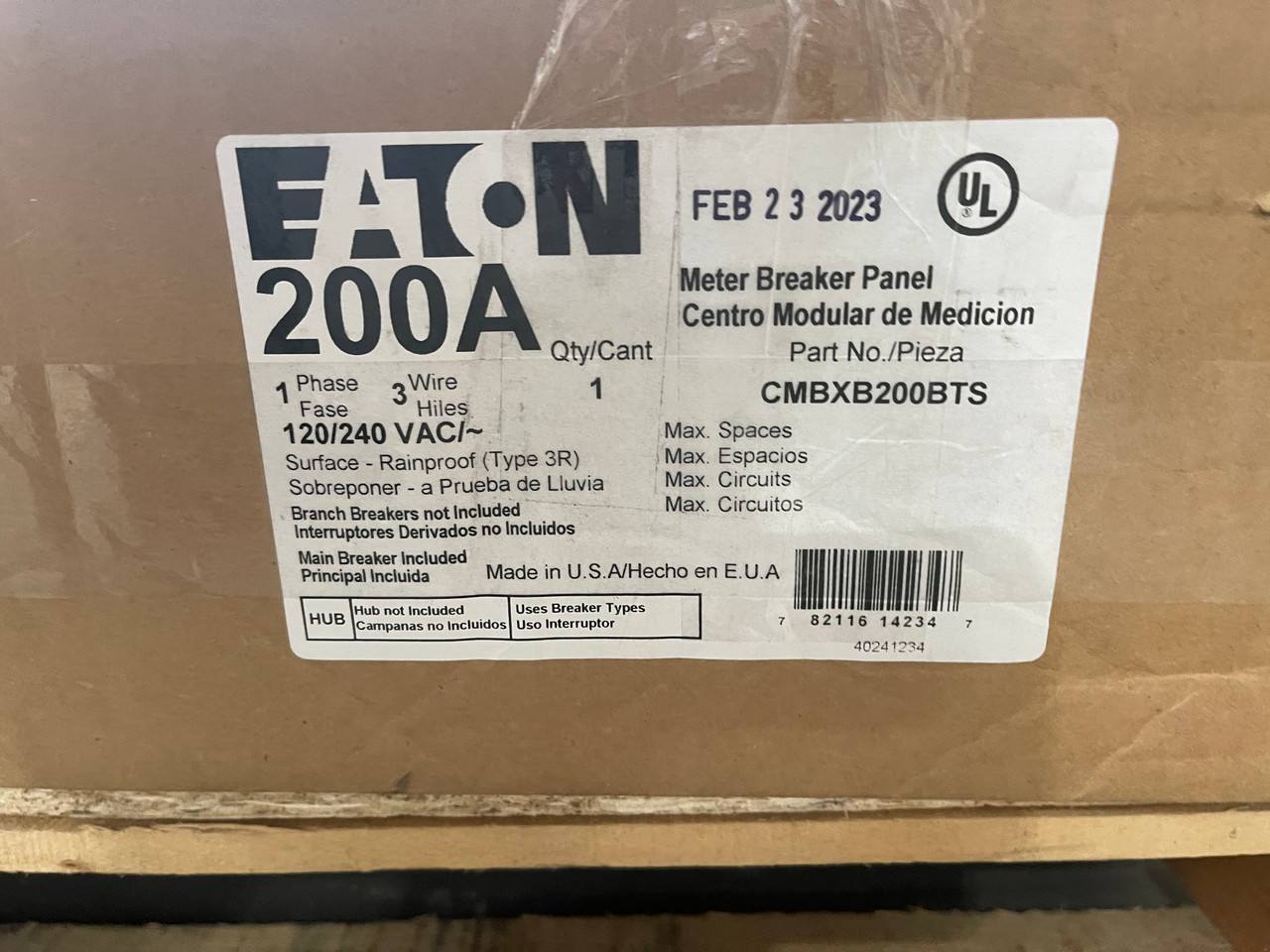 Eaton CMBXB200BTS Resi Meter Breaker 200A 120/240V NEMA 3R 10kAIC Single Phase