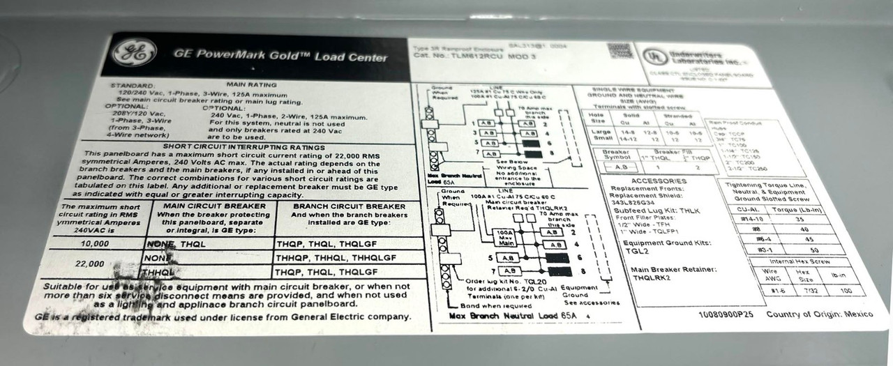 GE TLM612RCU 125A PowerMark Gold Main Lug Load Center 120/240V 1PH 3W NEMA 3R Surface Mount Copper Bus Convertible