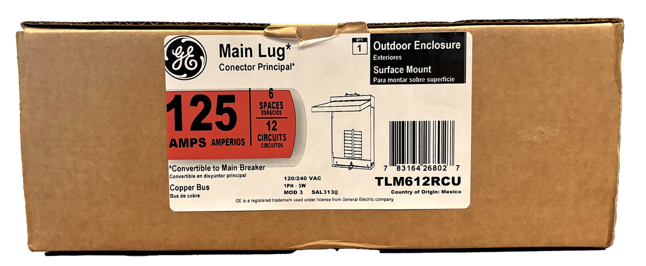 GE TLM612RCU 125A PowerMark Gold Main Lug Load Center 120/240V 1PH 3W NEMA 3R Surface Mount Copper Bus Convertible