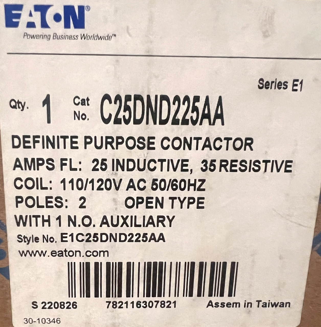Eaton C25DND225AA DP Contactor 25A 2P Coil: 110/120V w/Auxiliary Contact C320KGI