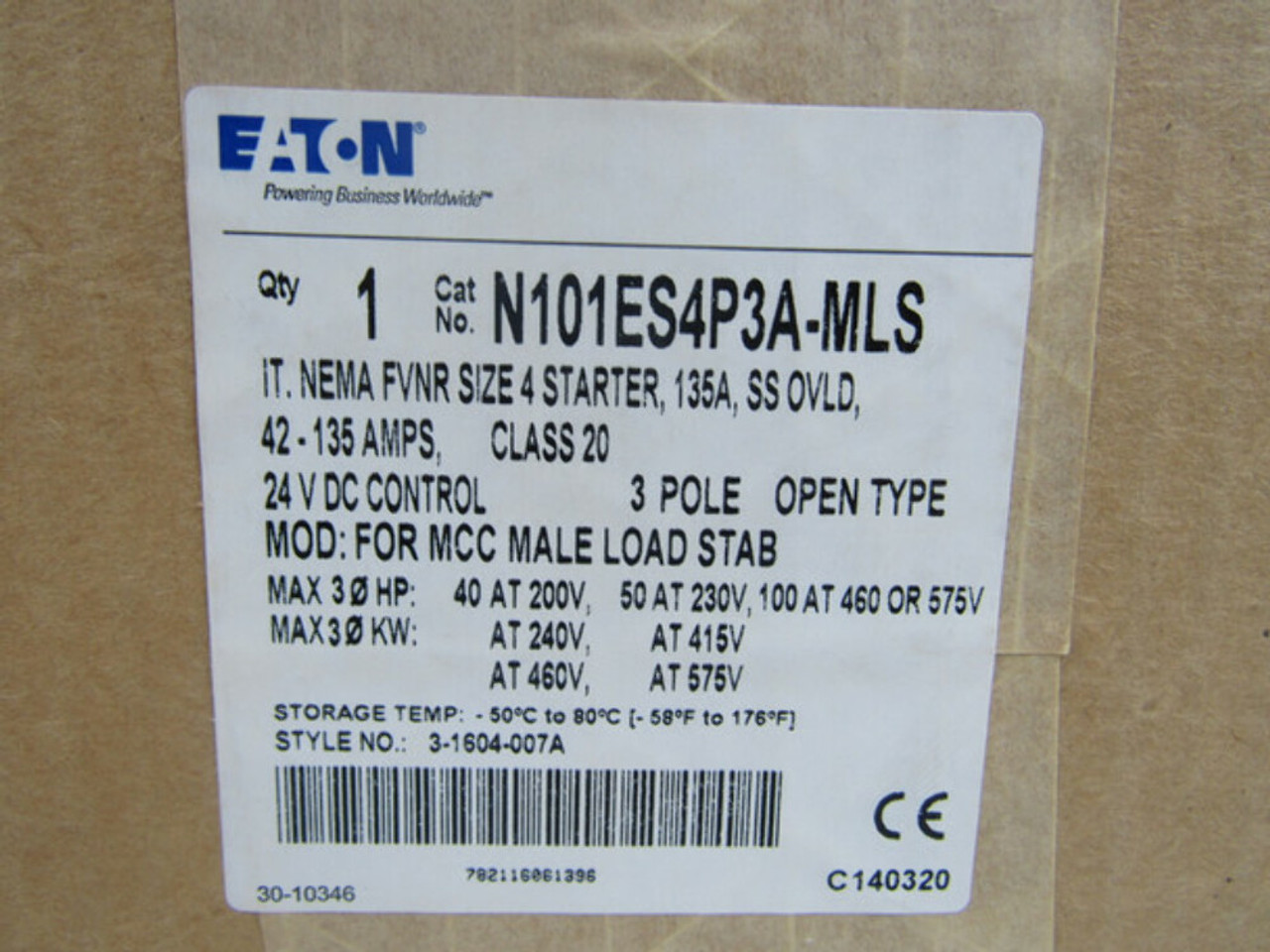 Eaton N101ES4P3A-MLS Combination Starter 42-135A 24VDC 3P 50/60Hz 100HP NEMA 4