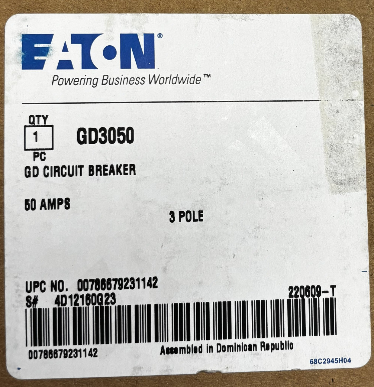 Eaton GD3050 Series C Complete G-Frame Breaker | 50A | 480V | 3-Pole | 22kA