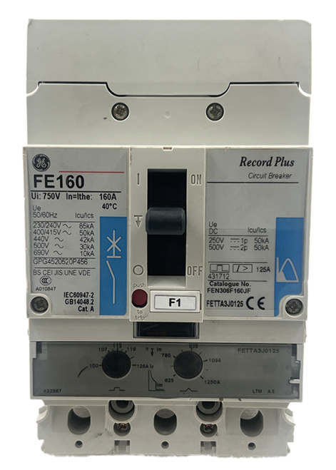 GE FEN306F160JF Circuit Breaker with FETTA3J0125 Trip Unit – 160A, 600V AC, 3-Pole, F-Frame, UL 489, Thermal Magnetic