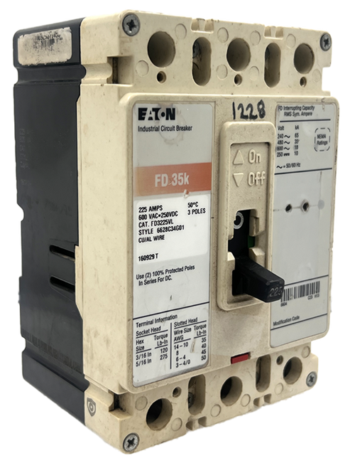 Eaton FD3225VL Breaker 225A 600V 3P 18kA Fixed Thermal Fixed Magnetic
