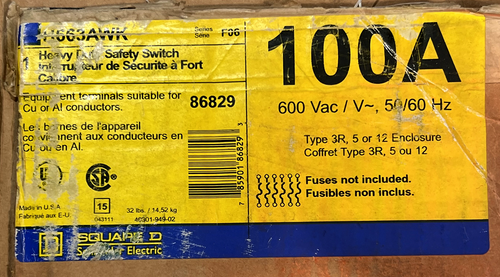 Square D H663AWK Fusible Disconnect 100A 600V 6P 75HP NEMA 3R/12 Heavy Duty