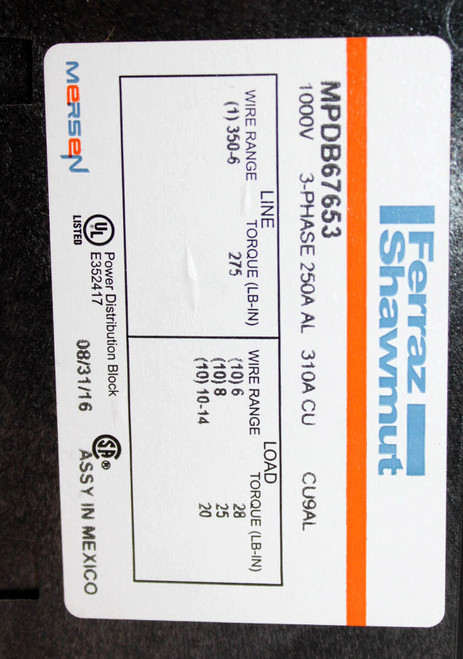 Ferraz Shawmut MPDB67653 Power Distribution Block 250A AL 310A CU 1000V 3Ph