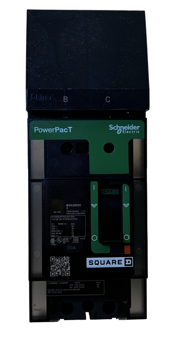 Square D BGA260204 PowerPact B Circuit Breaker – 20A, 2 Pole, 600Y/347V AC, 18kA, I-Line, Thermal Magnetic, 80% Rated, BC