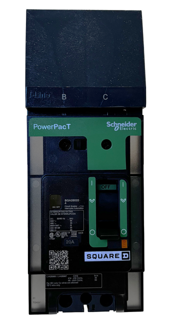 Square D BGA260204 PowerPact B Circuit Breaker – 20A, 2 Pole, 600Y/347V AC, 18kA, I-Line, Thermal Magnetic, 80% Rated, BC