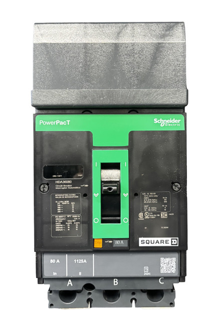Square D HDA36080 Circuit Breaker | PowerPacT H | 80A | 3P | 600V AC | 14kA | I-Line | Thermal Magnetic | VisiTrip