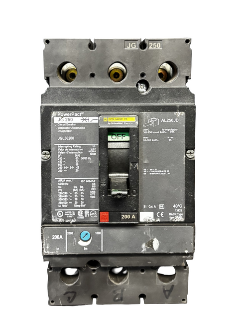 Square D JGL36200 Circuit Breaker | PowerPact J | 200A | 3-Pole | 600V AC | 18kA | Thermal Magnetic | Lug Terminals