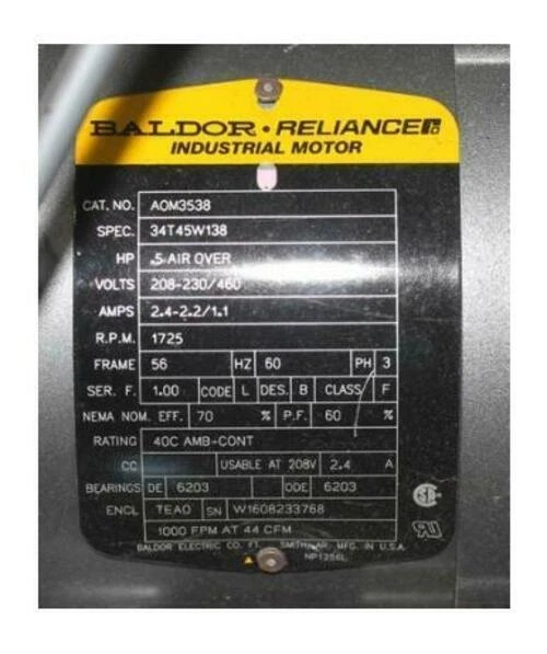 Baldor AOM3538 AC Motor | 208-230/460V, 2.4-2.2/1.1A, 3-Phase, 1725 RPM, Propeller Fan, Frame 182