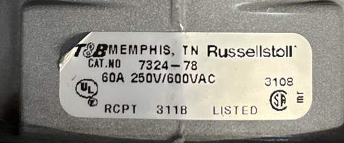 Russellstoll 7324-78 60A Pin & Sleeve Receptacle Box, 3P4W, 600VAC, Powder-Coated Aluminum