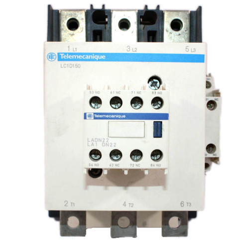 Telemecanique LC1D1506 Contactor | 150 A | 3-Pole | Up to 600 V AC | Coil 24-V AC/DC w/ 1NO/1NC Aux