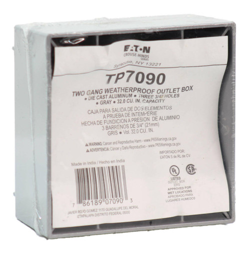 Crouse-Hinds TP7090 Outlet Box Two Gang Wheatherproof, (3) 3/4 Inch Holes, 32 CU IN Capacity, Gray