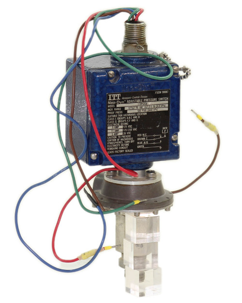 ITT 110P14C6 Neo-Dyn Adjustable Pressure Switch Range: 3 to 15 PSIG Proof: 500 PSIG Electrical Rating: 0.5 Amp Res, 125 VDC Ã¢â‚¬Â¢ 5 Amp Res, 28 VDC Ã¢â‚¬Â¢ 11 Amp 125/250 VAC 3/4" x 1/4" NPT