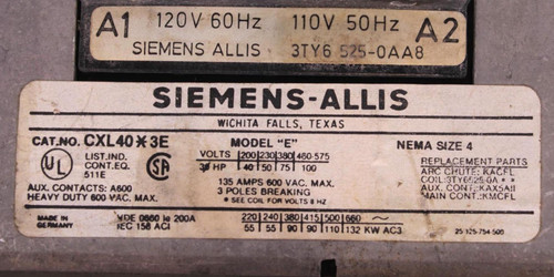 Siemens-Allis CXL40*3E Contactor 135A 600V 3P NEMA Size 4 Model E Coil 120V