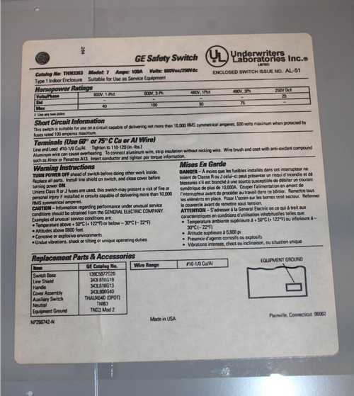 General Electric THN3363 Heavy Duty Safety Switch 100A 600V 3P NEMA: 1 Fusible: No