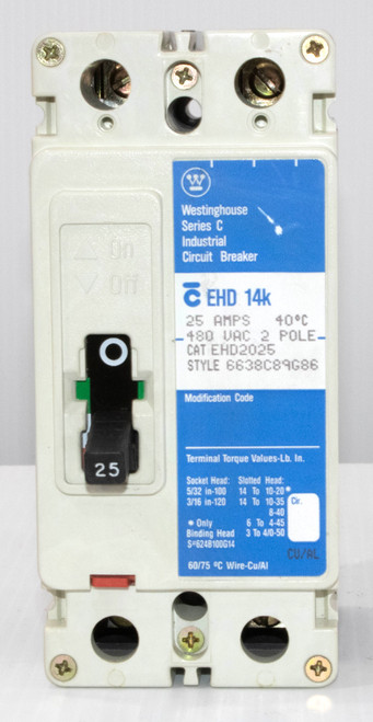 Westinghouse EHD2025 Breaker 25A 480V 2P 14KA Style 6638C89G86