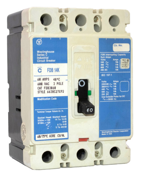 Westinghouse FDB3060 Breaker 60A 600V 3P 14KA FDB Fixed Magnetic Trip