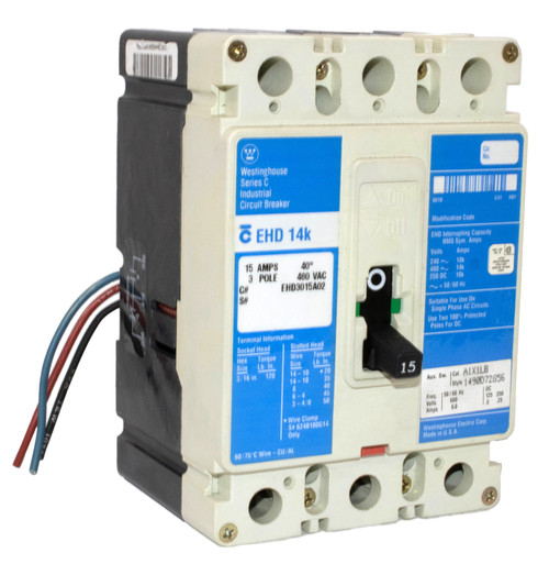 Westinghouse EHD3015A02 Breaker 15A 480V 3P 3PH 14KA AUX Fixed Magnetic Trip