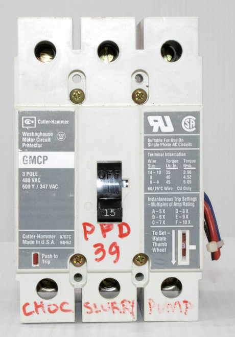 Cutler Hammer GMCP015E0C Breaker 15A 600V 3P 3PH Trip Settings