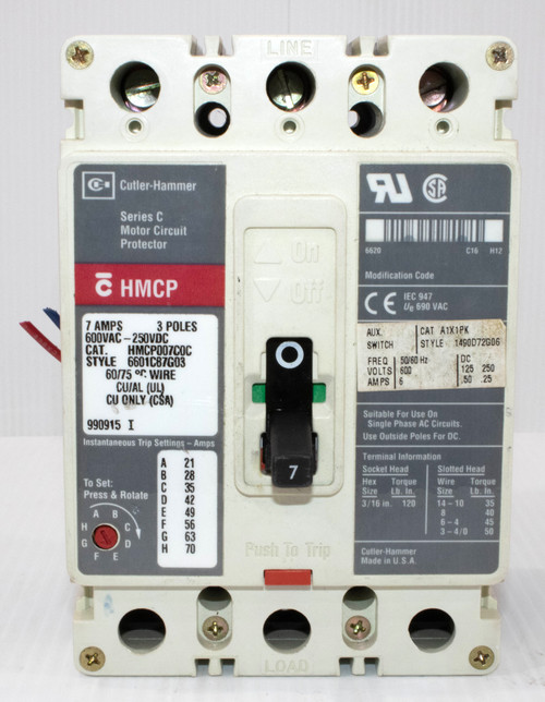 Cutler Hammer HMCP007C0C Breaker 7A 600V 3P Adjustable Trip Instantaneous