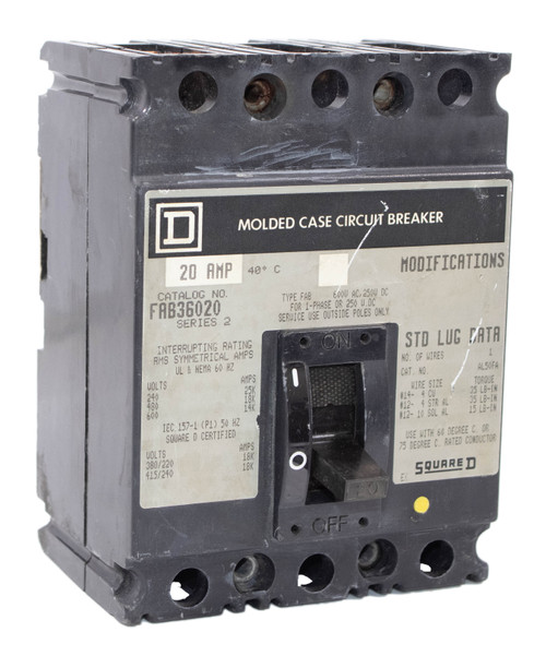 Square D FAB36020 Breaker 20A 600V 3P 14KA I-Line Thermal Magnetic