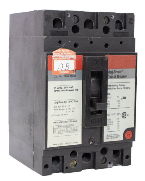 General Electric TEML36015 Breaker 15A 600V 3P 25KA Auxiliary Switch