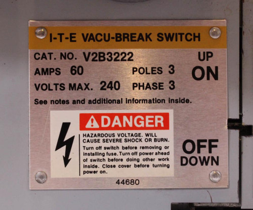 I-T-E V2B3222 Fusible Twin Vacu-Break Switch 60A 240V 3 Poles 3 Phase