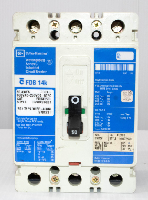 Westinghouse FDB3050L Breaker 50A 600V 3P 14kA FDB 14k Auxiliary