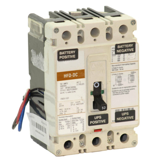 Cutler Hammer HFDDC3050L DC Breaker 50A 600DCV 3P with Auxiliary Switch A1X1PK