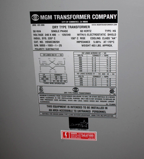 MGM HS50C3B2SH Transformer 50kVA PV 240/480V SV 120/240V 1Ph 60Hz