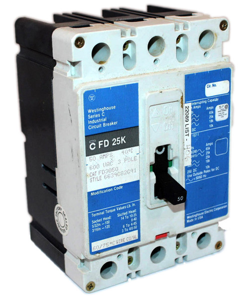 Westinghouse FD3050 Circuit Breaker 50A 600V 25kA 3P