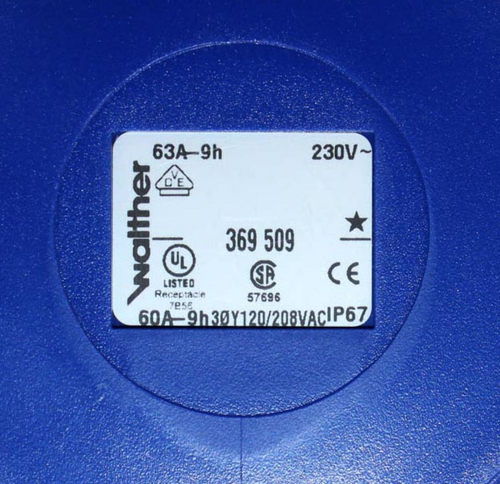 Walther 369509 Pin and Sleeve Connector 60/63A 5 Wire 120/208VAC 9H Watertight