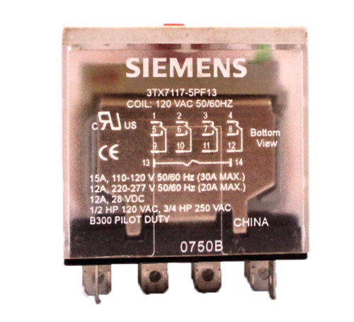 Siemens 3TX7117-5PF13 Plug In Relay 15A Coil 120VAC 50/60Hz 14 Pin 4PDT