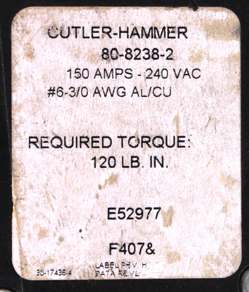 Cutler-Hammer 80-8238-2 Lug Kit 150A 240 VAC 3P 6-3/0 AWG