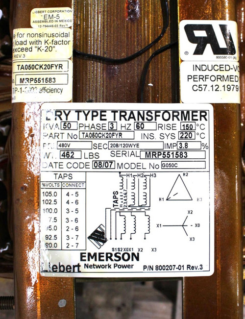 Emerson TA050CK20FYR Dry Type Transformer 50KVA 3PH 60Hz PV: 480V SV: 208/120WYE G050C