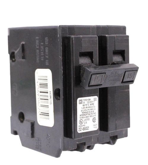 Square D HOM215 Breaker 15A 120/240V 2P 1PH 10kA Plug In Type HOM