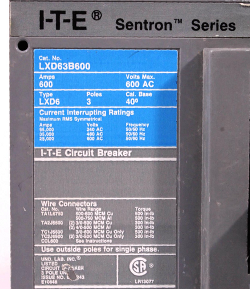 I-T-E LXD63B600 Sentron Breaker 600A 600V 3P Type LXD6 w/Magnetic Adj. 3000-6000