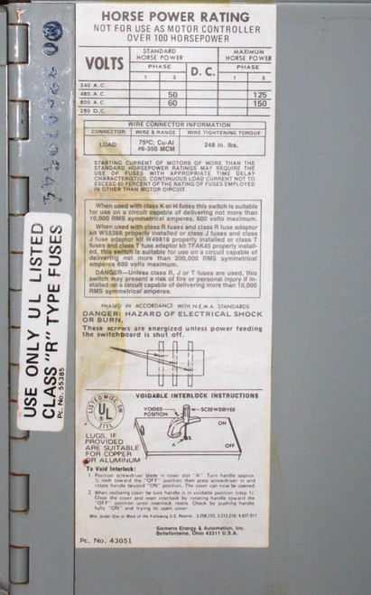 Siemens V7F3604 Vacu-Break Fusible Switch 200A 600V 3 Poles 3 Phase Series A