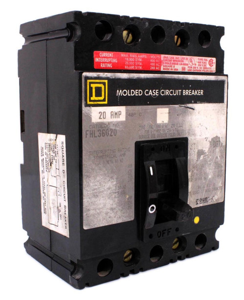 Square D FHL36020 Breaker 20A 600V 3P 50/60Hz 18kA Type FHL