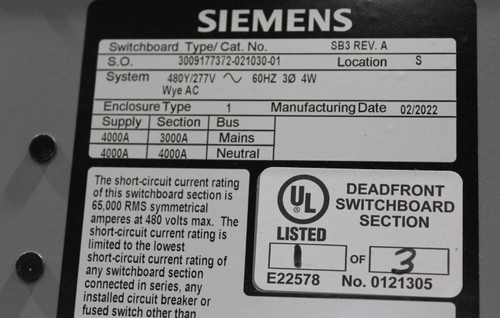 Siemens SB3 REV.A Switchgear Panel 480/277V 60Hz 4W w/3VA64406JP312AA0 Breakers