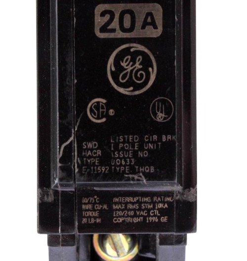 General. Electric THQB1120 Circuit Breaker 20A 120/240V 1P 10kA Bolt-On