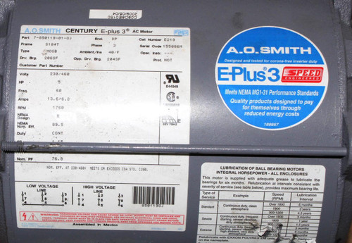 AO Smith 7-850119-01-OJ E-Plus 3 AC Motor 3PH 5HP 230V 13.6/6.8A 1760RPM