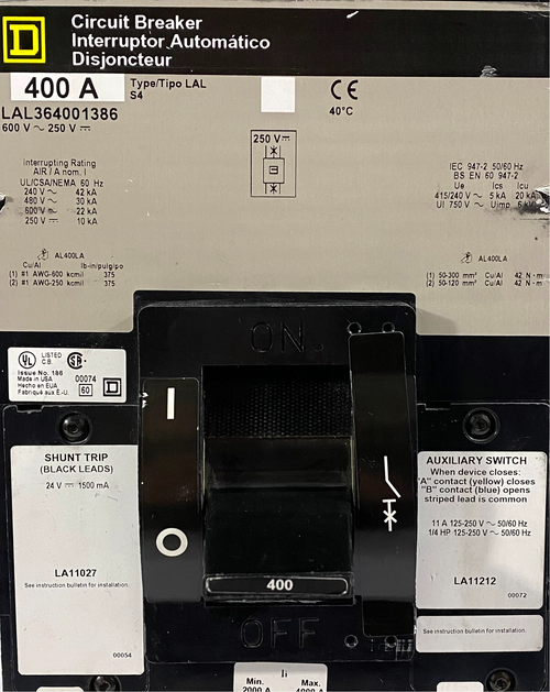 Square D LAL364001386 Breaker 400A 600V 3P 3PH 22kA 50/60Hz W/Aux Switch LA11212 and Shunt Trip LA11027