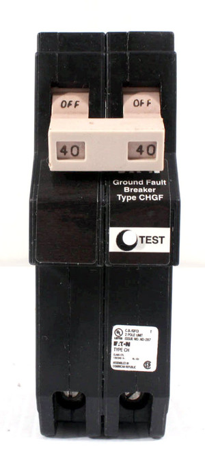 Eaton CHN240GF CH GFCI Circuit Breaker | 40A | 2-Pole | 120/240V AC | 10kAIC | Plug-In | Common Trip | 5 mA Ground Fault Protection Eaton CHN240GF CH GFCI Circuit Breaker | 40A | 2-Pole | 120/240V AC | 10kAIC | Plug-In | Common Trip | 5 mA Ground Fault Protection