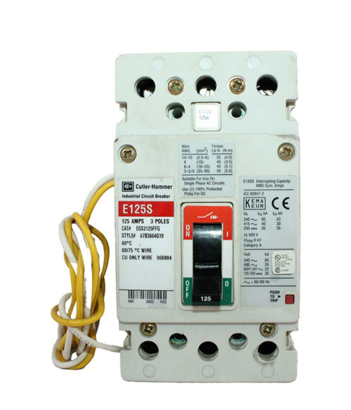 Cutler-Hammer EGS3125FFG Breaker 125A 600V 3P 22kA W/Shunt Trip 110 to 240V