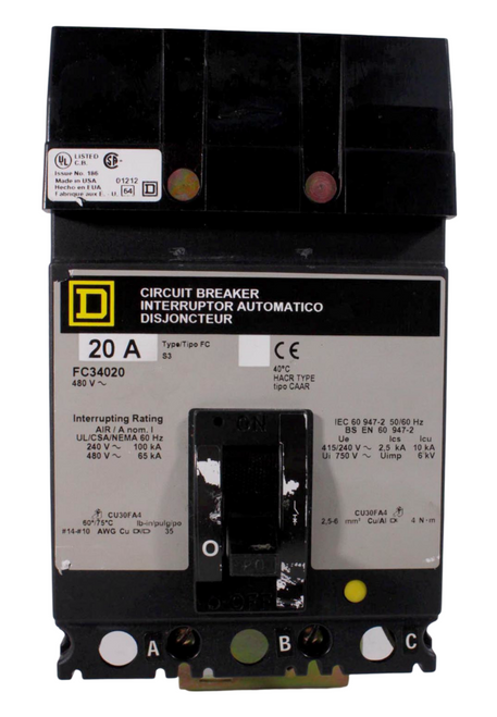 Square D FC34020 Breaker 20A 480V 3P 3PH 65kA F Frame I-Line Plug-In LI